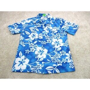 VINTAGE Pomare Shirt Mens Medium Blue White Floral Print Hawaiian Button Up